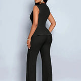Ravienna | Sleeveless V Neck Peplum Top Wide Leg Ribbed Set