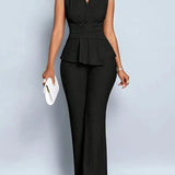 Ravienna | Sleeveless V Neck Peplum Top Wide Leg Ribbed Set