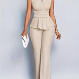 Ravienna | Sleeveless V Neck Peplum Top Wide Leg Ribbed Set
