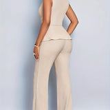 Ravienna | Sleeveless V Neck Peplum Top Wide Leg Ribbed Set
