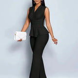 Ravienna | Sleeveless V Neck Peplum Top Wide Leg Ribbed Set