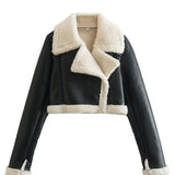 Elysian Edge | Cropped Sherpa Lined Faux Leather Jacket with Zip Front