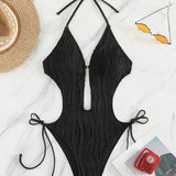 Thalisse | Halter Cutout Textured One Piece Swimsuit