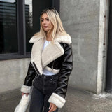 Elysian Edge | Cropped Sherpa Lined Faux Leather Jacket with Zip Front