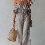 Sage Boheme | Off Shoulder Ruffled Wide Leg Jumpsuit