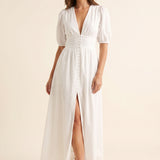 Auréline Dress | White V Neck Puff Sleeve Summer Maxi Dress