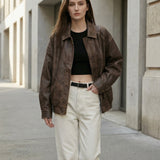 Vega Noir | Oversized Faux Leather Jacket with Vintage Brown Finish