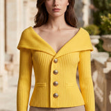 Orlienne | Off Shoulder Cardigan Ribbed Knit Gold Button