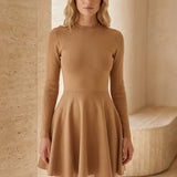 Celunara | Long Sleeve Mini Dress Crew Neck Flared Silhouette