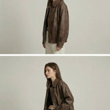 Vega Noir | Oversized Faux Leather Jacket with Vintage Brown Finish