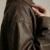 Vega Noir | Oversized Faux Leather Jacket with Vintage Brown Finish