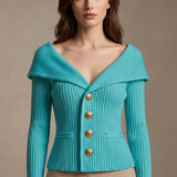 Orlienne | Off Shoulder Cardigan Ribbed Knit Gold Button