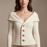Orlienne | Off Shoulder Cardigan Ribbed Knit Gold Button