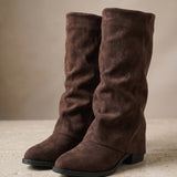 Cocoa Drift | Slouchy Suede Mid Calf Boots Low Block Heel