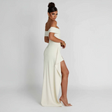 Veloura Muse | Off Shoulder Slit Maxi Wedding Guest Dress