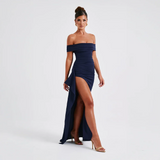Veloura Muse | Off Shoulder Slit Maxi Wedding Guest Dress