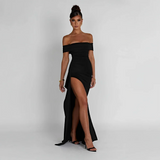 Veloura Muse | Off Shoulder Slit Maxi Wedding Guest Dress