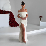 Veloura Muse | Off Shoulder Slit Maxi Wedding Guest Dress