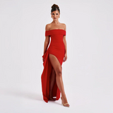 Veloura Muse | Off Shoulder Slit Maxi Wedding Guest Dress