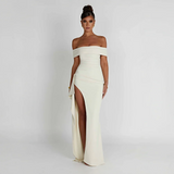Veloura Muse | Off Shoulder Slit Maxi Wedding Guest Dress