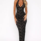 Noir Allure | Lace Backless Maxi Dress