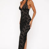 Noir Allure | Lace Backless Maxi Dress