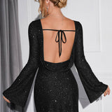Felicity | Backless Lace Up Sequin Dress