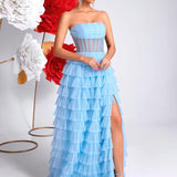 Elaria Rosé | Ruffle Slit Maxi Wedding Guest Dress
