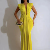 Velora Drape | Ruched V Neck Maxi Slit Dress