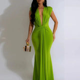 Velora Drape | Ruched V Neck Maxi Slit Dress