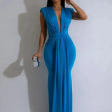 Velora Drape | Ruched V Neck Maxi Slit Dress